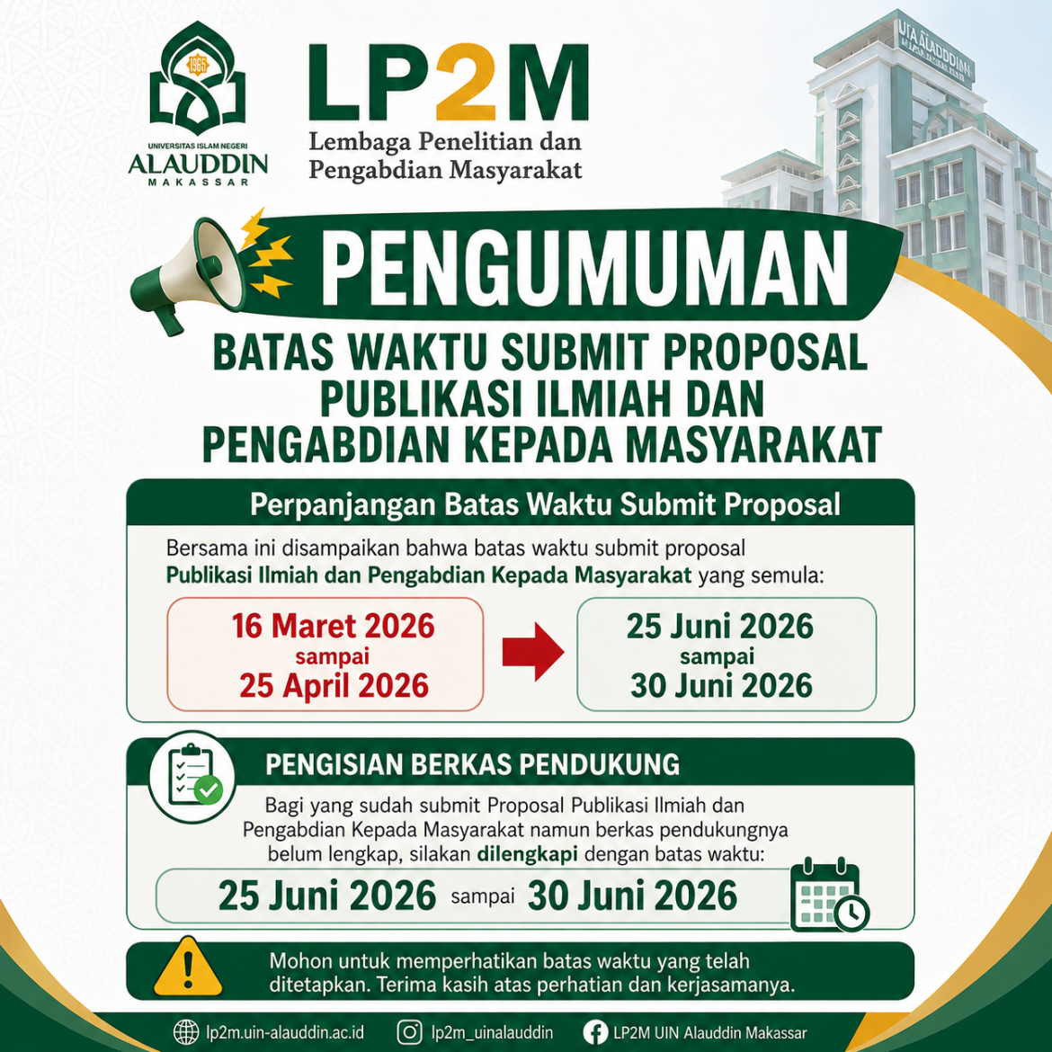 Pengumuman Perpanjangan Batas Waktu Submit Proposal Publikasi Ilmiah dan Pengabdian kepada Masyarakat Tahun 2026